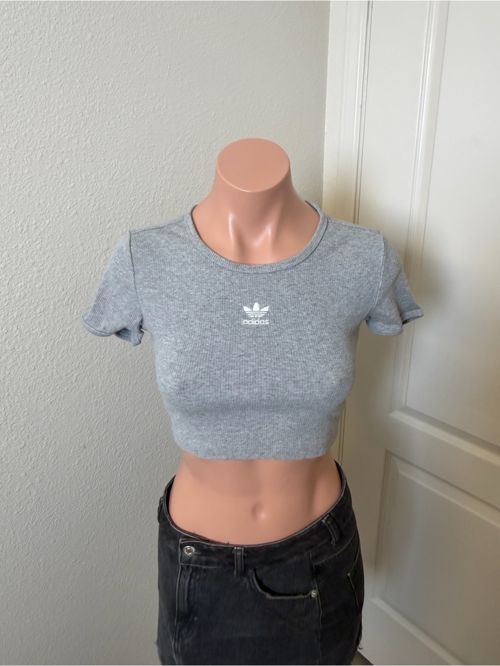 adidas Originals Gray Ribbed Cropped Tee with Trefoil